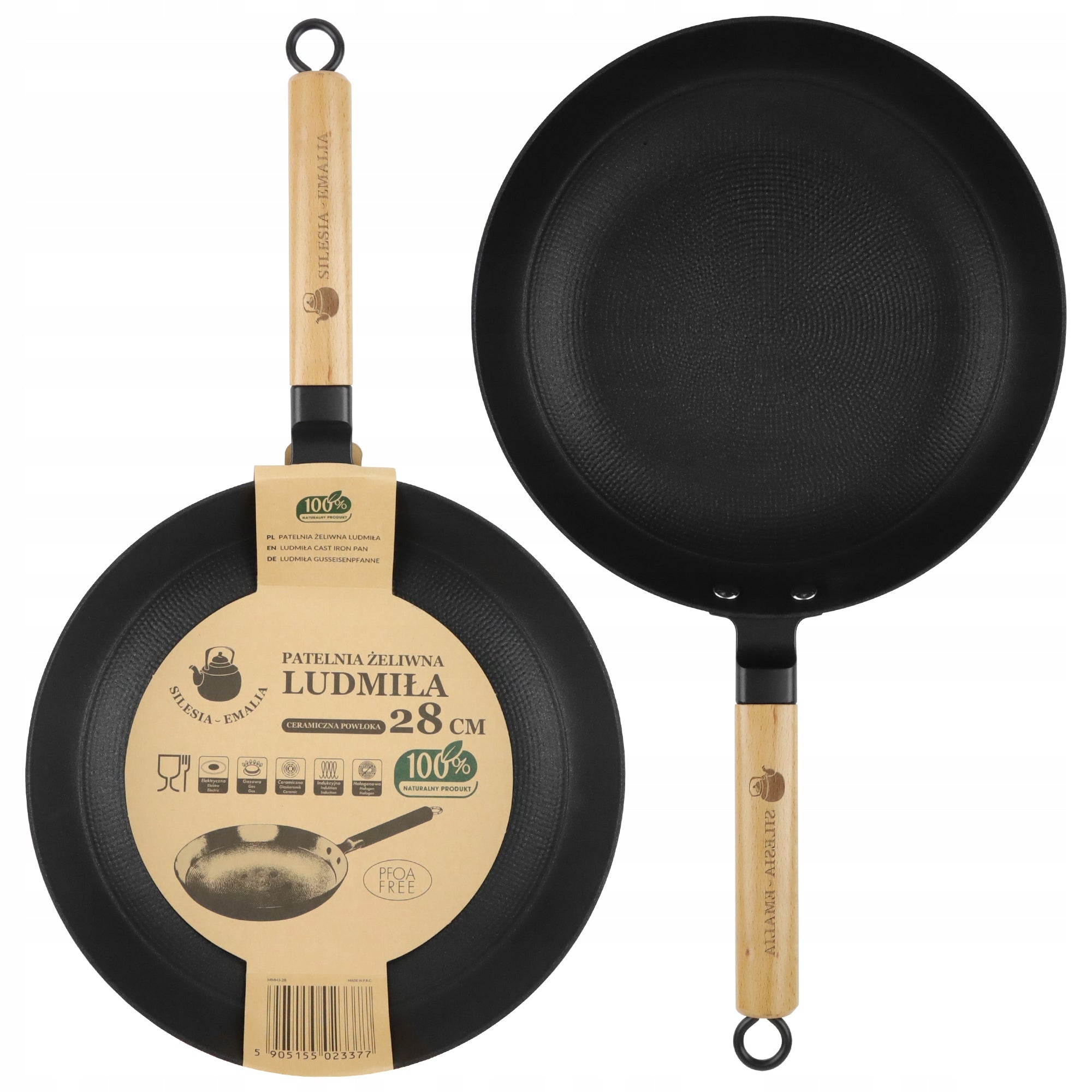 Set of cast iron pans NON-STICK with wooden handle LUDMIŁA 20cm + 28 cm Brand Silesia Emalia