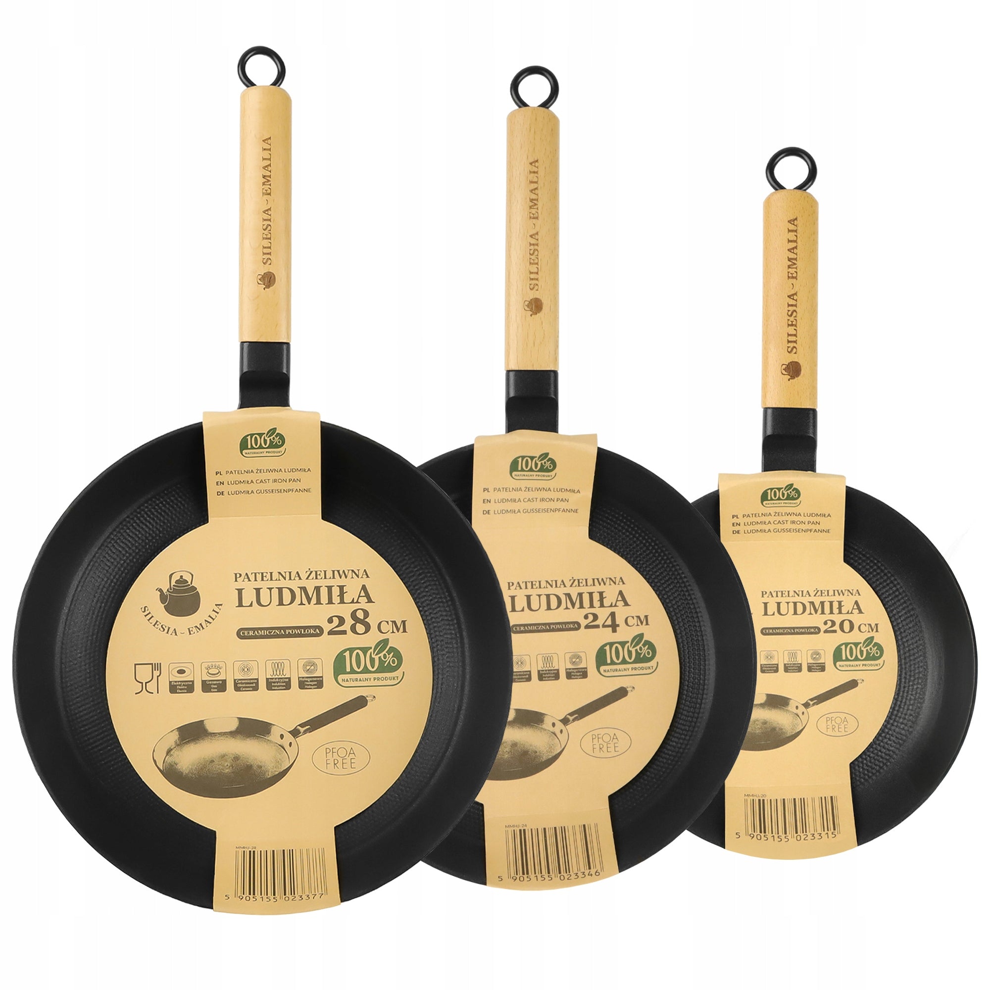 Set of cast iron pans with wooden handle LUDMIŁA 20cm + 24cm + 28cm
