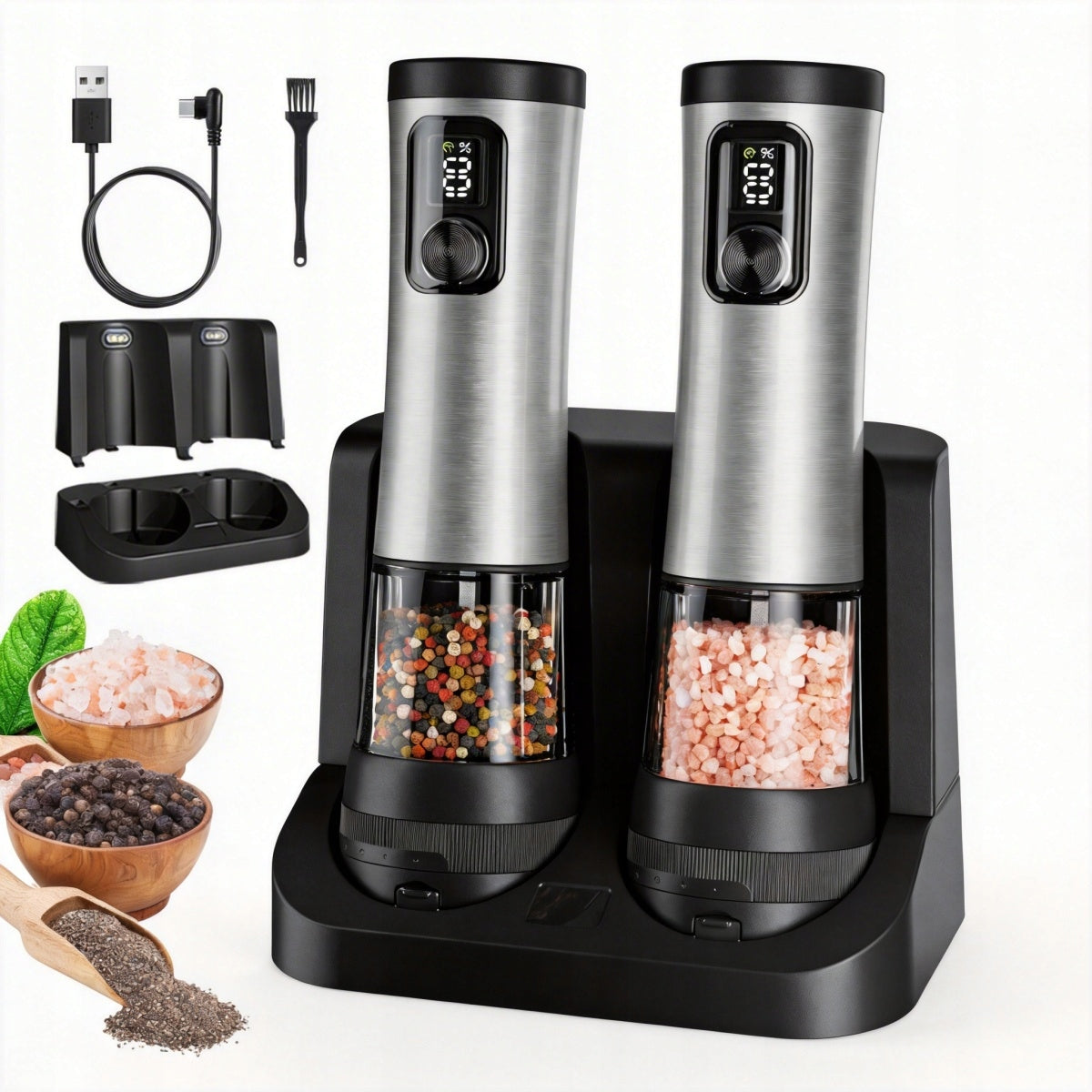Set of electric pepper, salt and spice grinders with charger Brand no brand