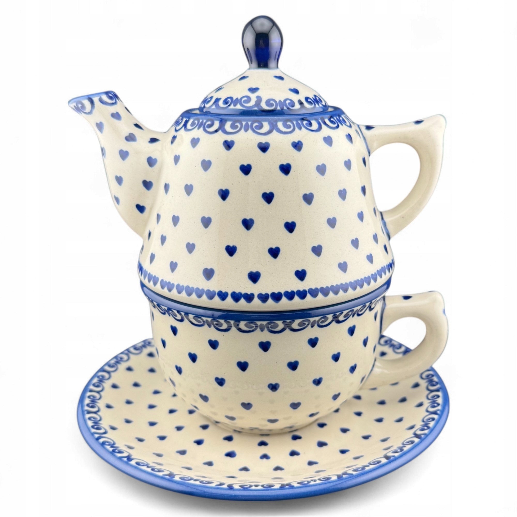 Set of kettle and cup for GIFT Hearts Dec. PS02 Ceramika Bolesławiec