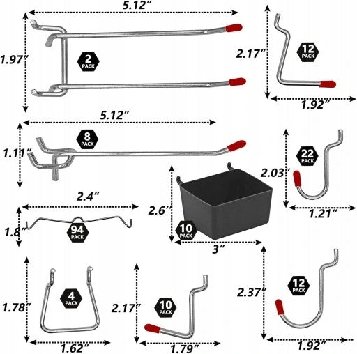 Set of metal hooks (228 pcs) for perforated tool board Customs tariff code 83024900