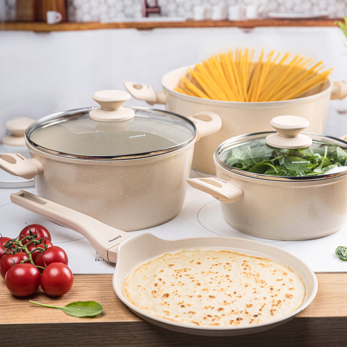 Set of pots 7el. + frying pan 24 cm, beige KLAUSBERG KB-7963 Induction Gas Packaging status original