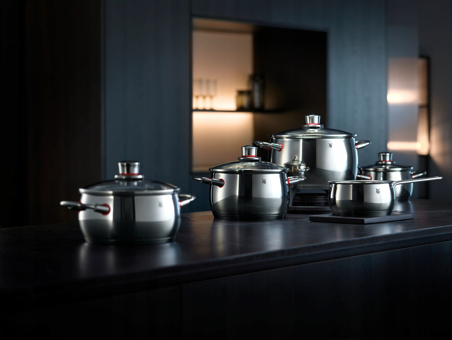 Set of pots with lids WMF Quality One 9el induction stainless steel Additional information dishwasher safe suitable for ceramic cooker suitable for electric cooker suitable for gas cooker suitable for induction cooker oven safe heat-resistant handles cover included