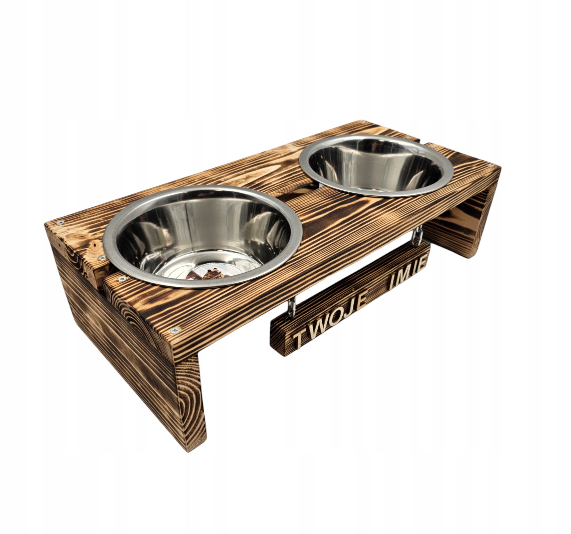 Set of two 1800 ml dog bowls on wooden stand with name Brand Barry King