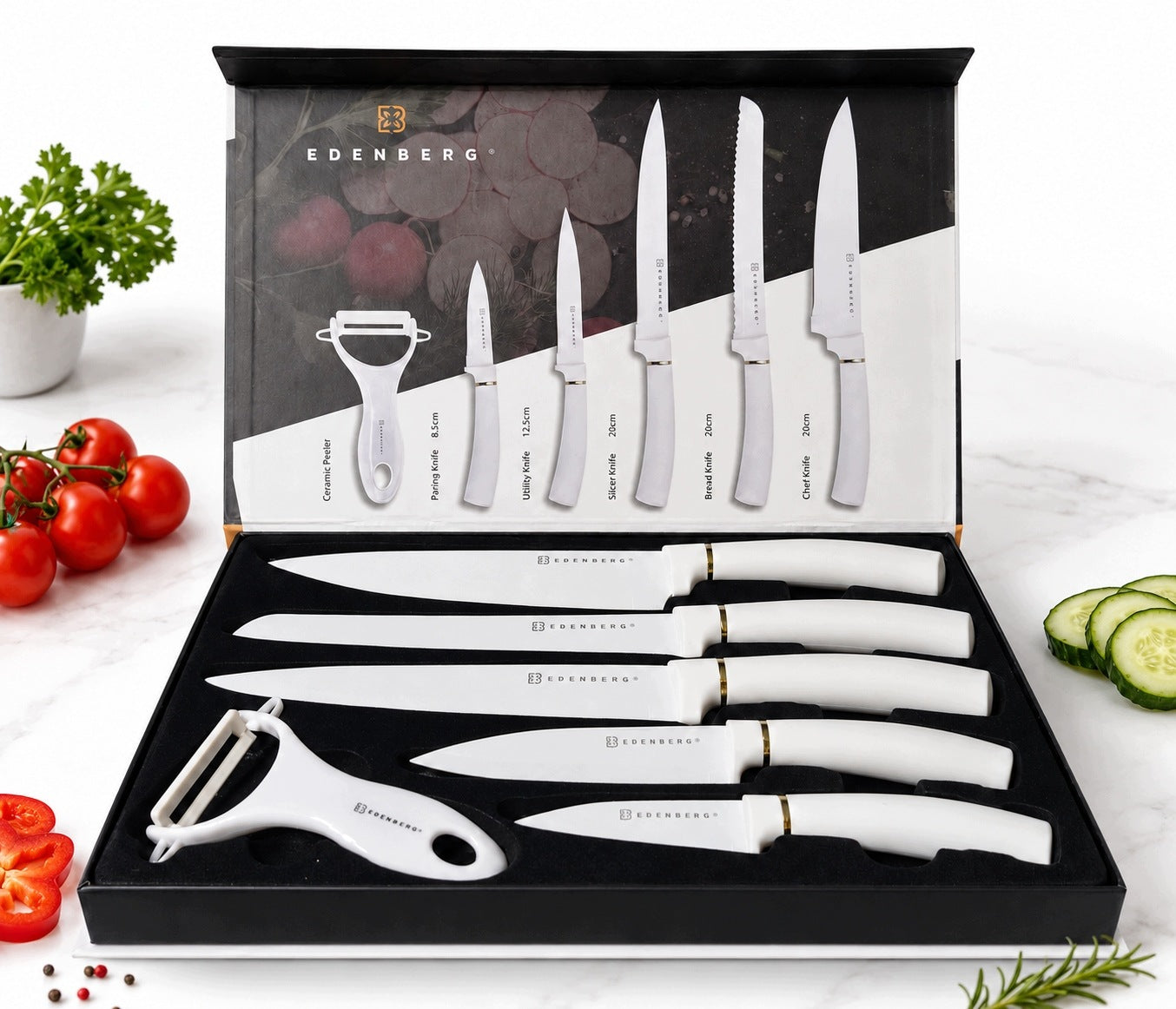 Set of white knives 5 pcs. + ceramic peeler in magnetic box Manufacturer code 5/1
