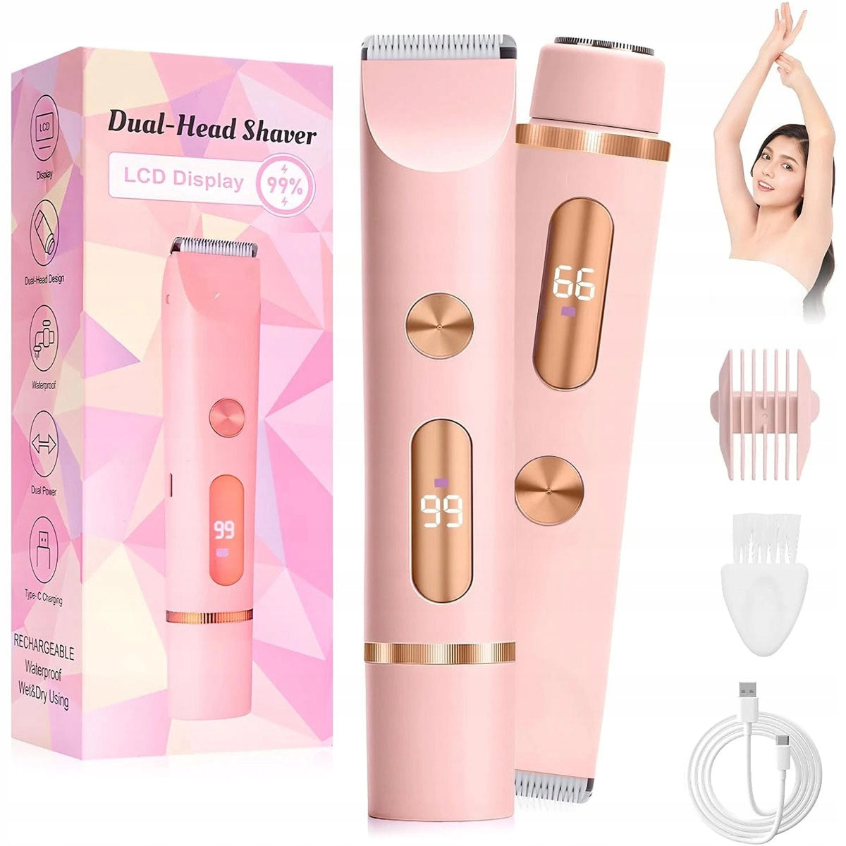 Shaver for Women 2in1 for Intimate Places Waterproof IPX7 pink Packaging status original