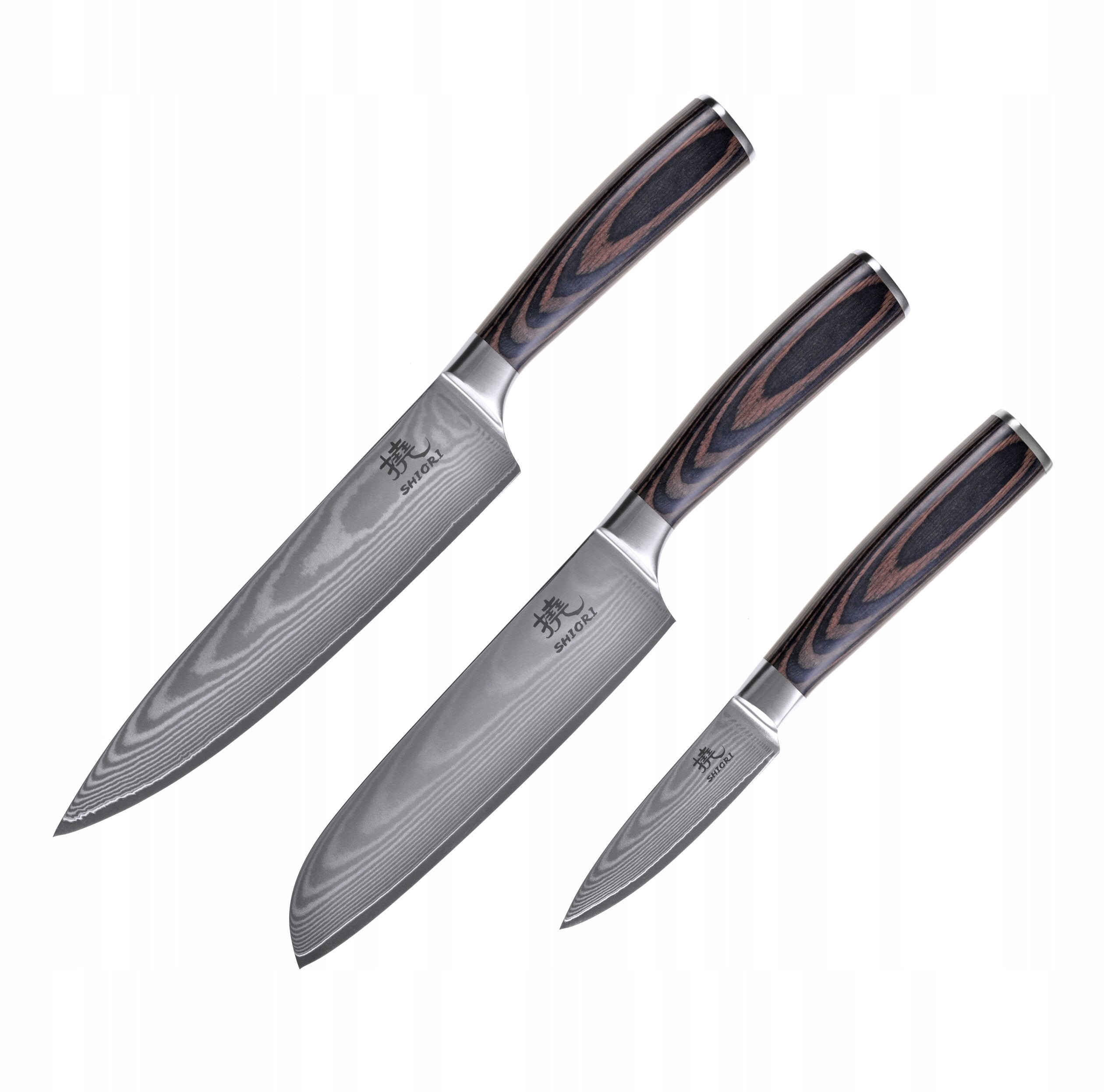 Shiori 3-Set Chairo Shoto, Santoku and Sifu in Damascus steel Brand Shiori