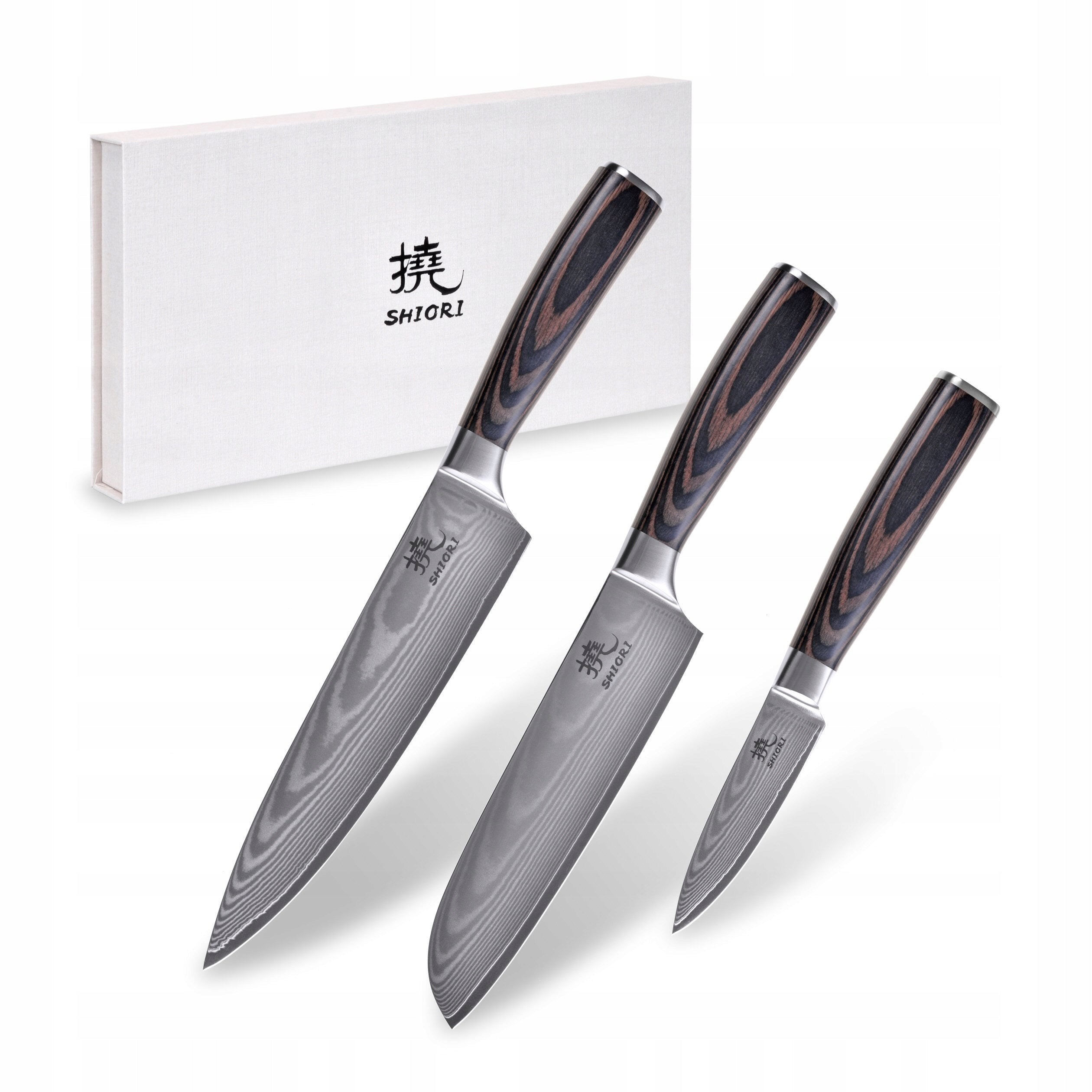 Shiori 3-Set Chairo Shoto, Santoku and Sifu in Damascus steel