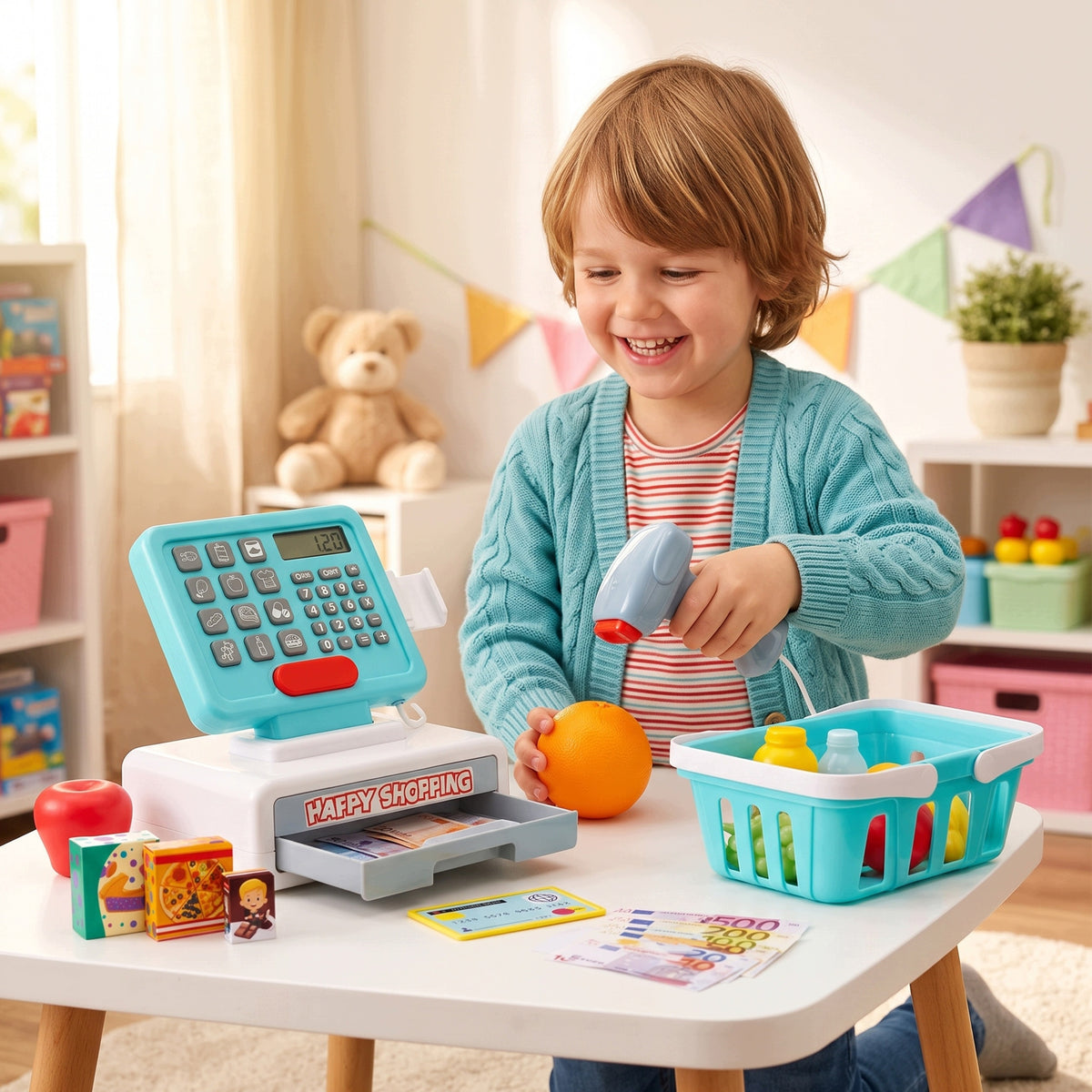 Shop Cash Register for Children Interactive Scanner Weight Basket Sounds Fiscal Packaging status original
