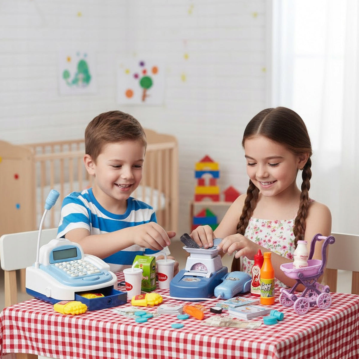 Shop Cash Register for Kids Interactive with Sound Scanner Basket Packaging status original