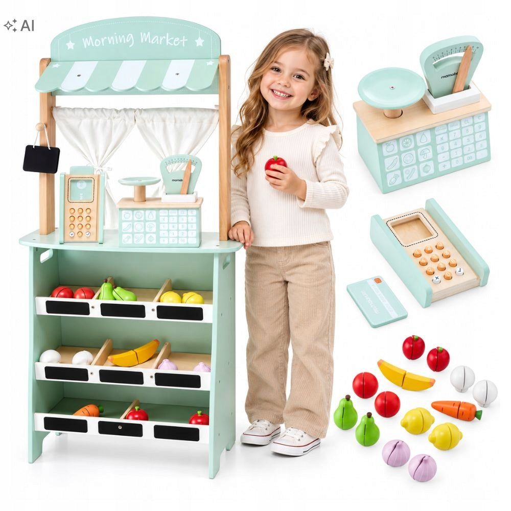Shop Wooden Kids 2in1 Stall and Theatre With Weight Payment Terminal