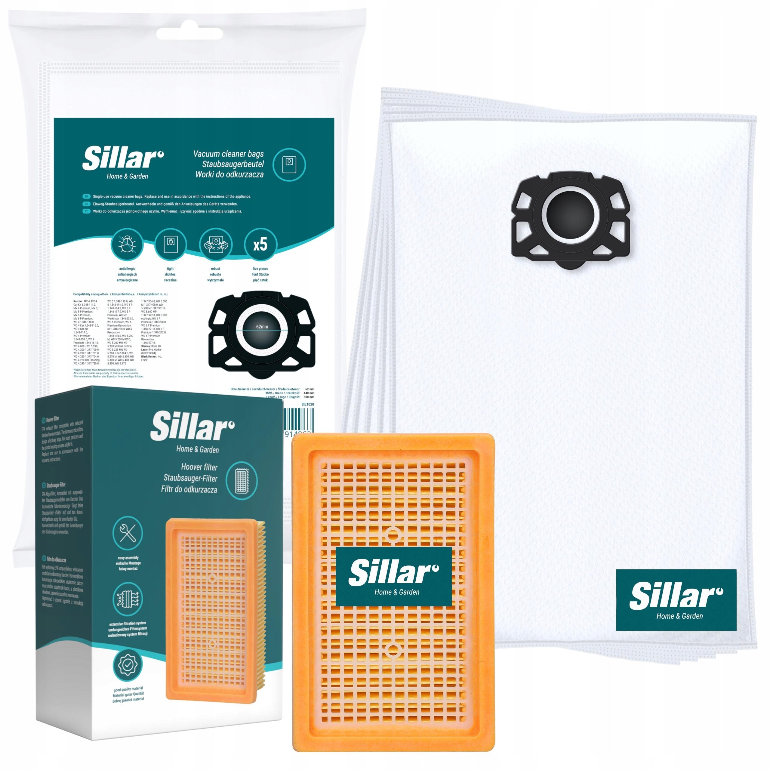 Sillar bags for Kärcher KWD4 KWD5 KWD6 MV4 MV5 MV6 WD4 WD5 WD6 5pcs + Filter