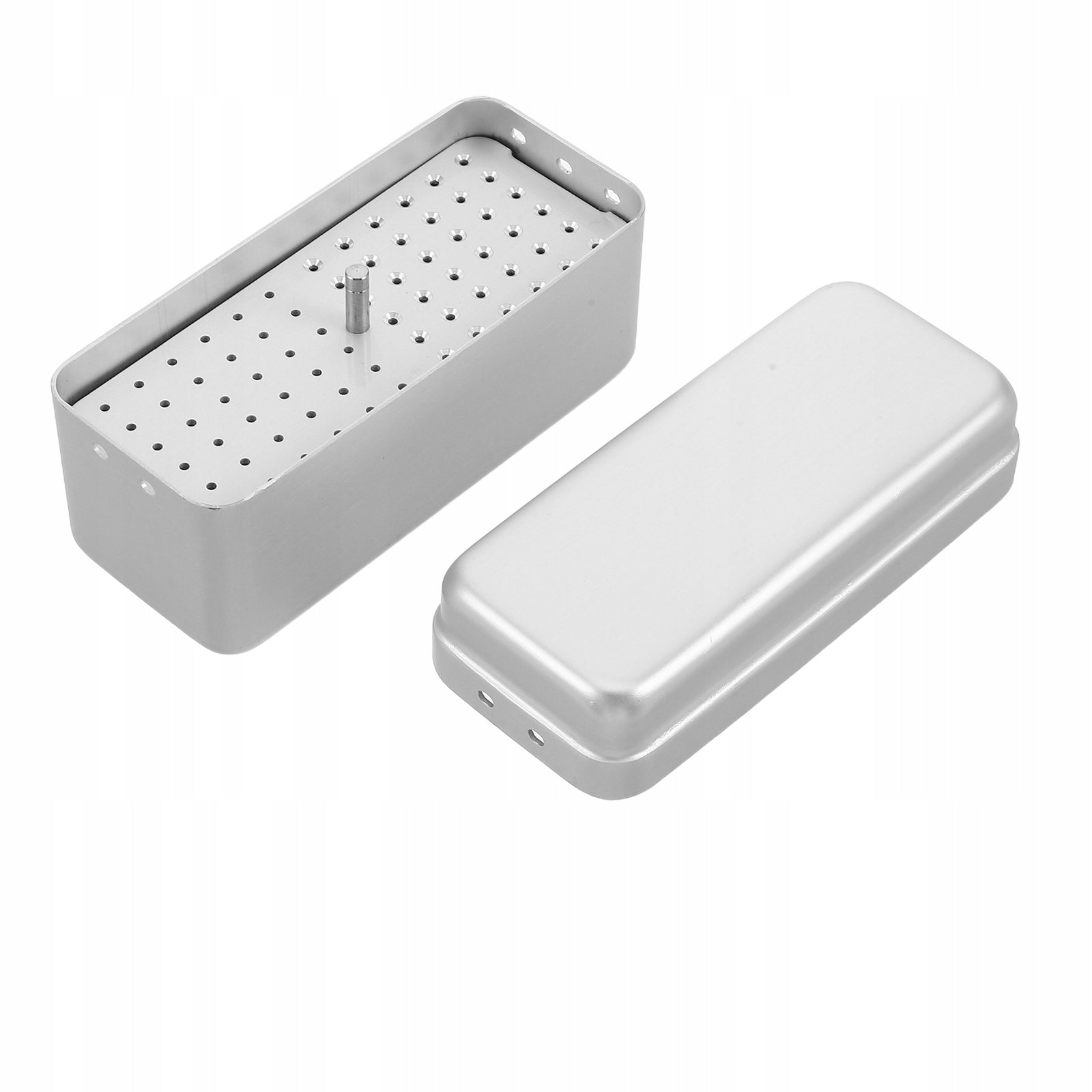 Silver Metal Nail Tool Sterilizer Box with 72-Hole Bur Organizer for Home