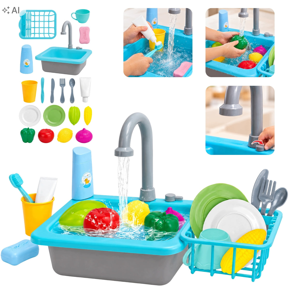 Sink Toy Kitchen With Water Electric Faucet Dishes 19 El