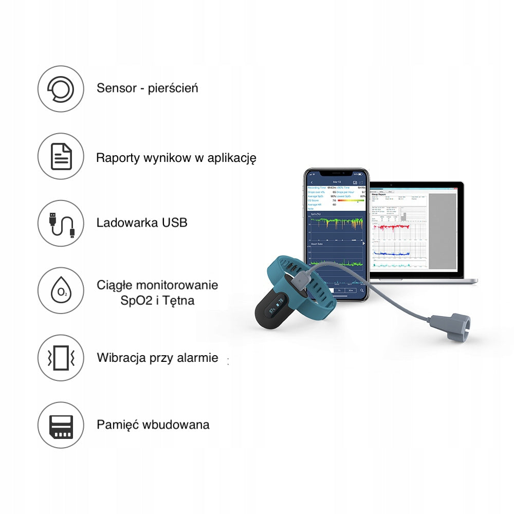 Sleep Monitor Pulse Oximeter. Alarm Vibration, Bluetooth App Results Export Medical device yes