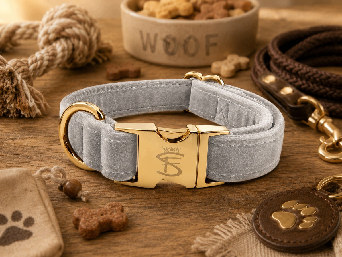 Small Dog Collar VELOUR Grey Adjustable Gold Buckle XS Premium Packaging status original