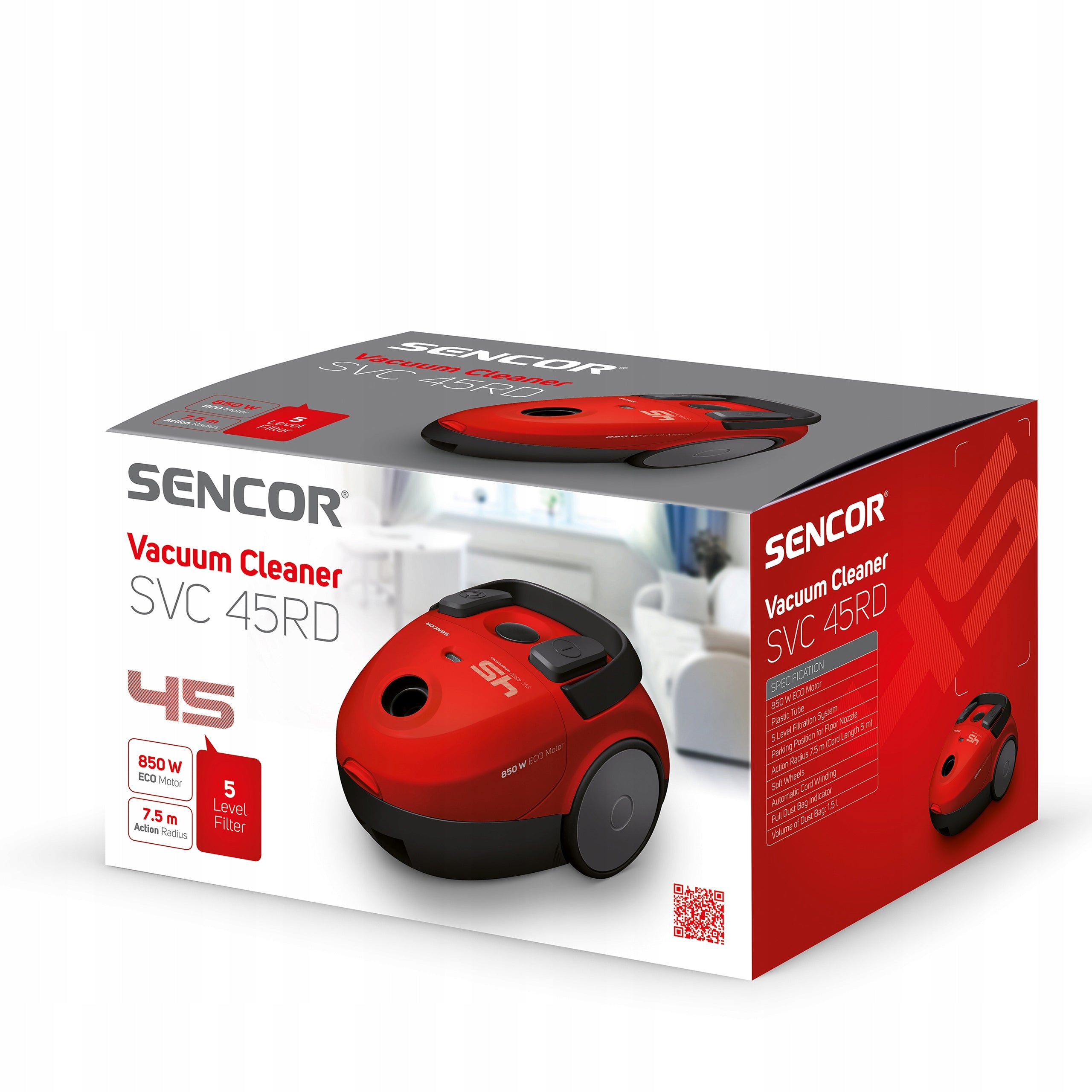 Small POWERFUL bagged vacuum cleaner 850W HEPA red 1,5L Sencor SVC 45RD-EUE3 Manufacturer code SVC 45RD - EUE3