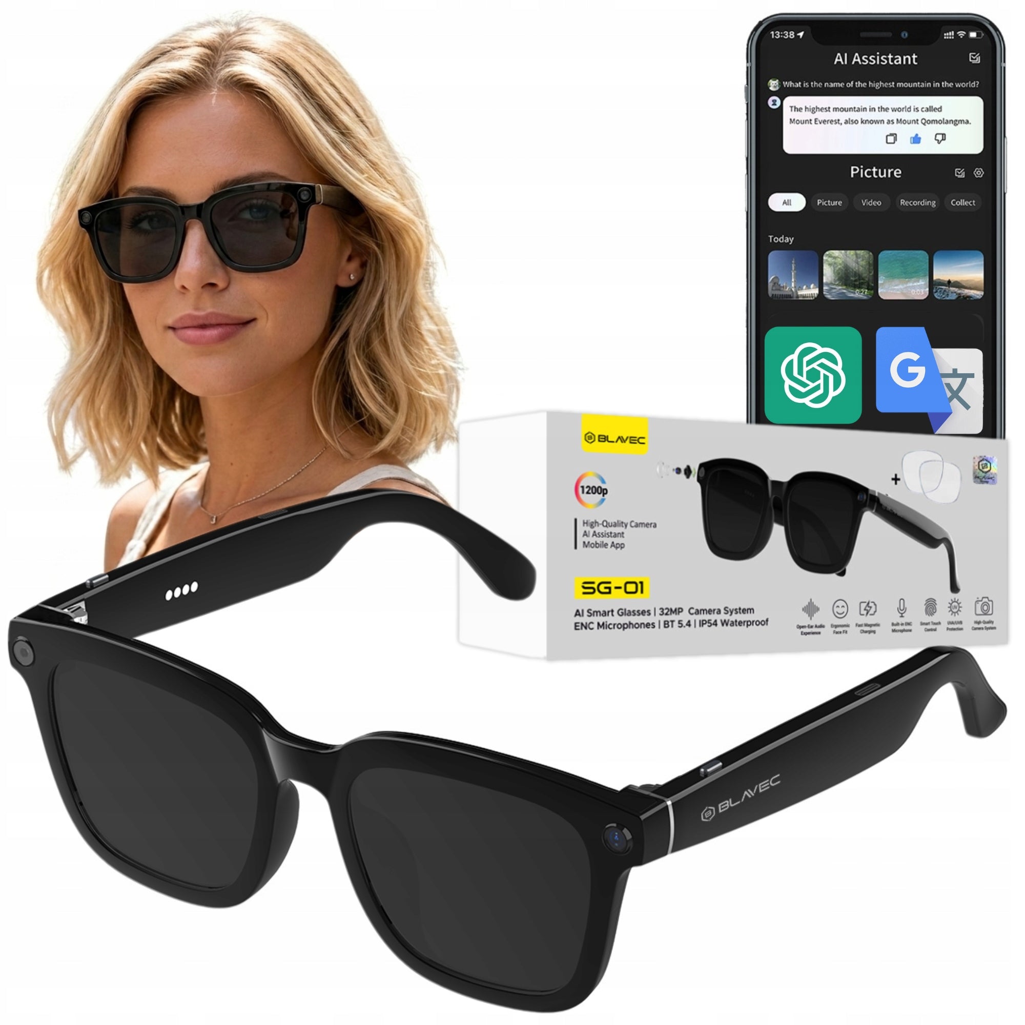Smart Glasses with HD Camera AI Chat GPT Microphone Translation LIVE Case
