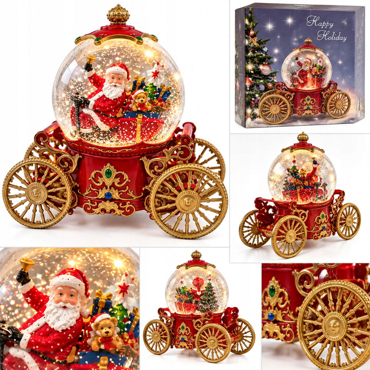 Snow Ball Carriage with Santa Claus LED Decoration with Spinning Snow 25 cm