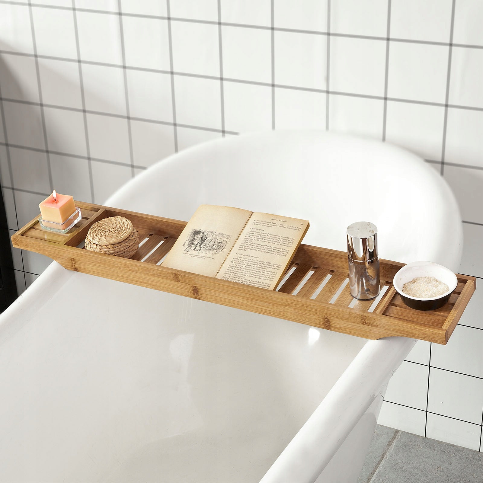 SoBuy FRG212-N Bathtub Shelf with Book Holder Wood Bottle Brand SoBuy