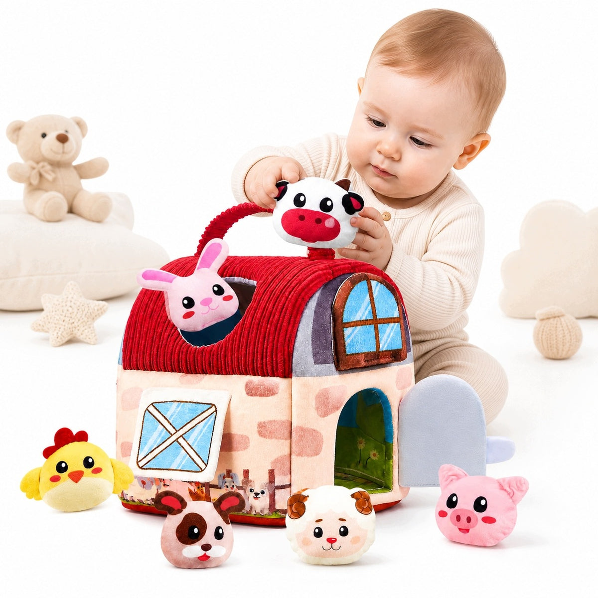 Soft plush house + 6 farm animals to play with
