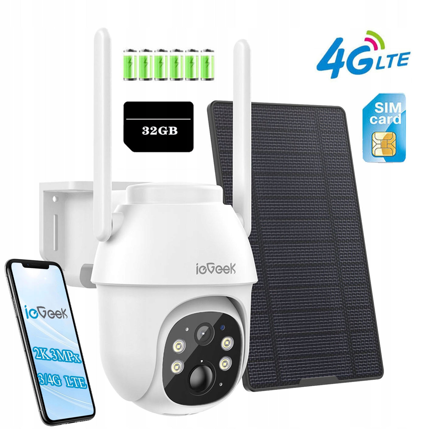Solar Camera Outdoor Rotating GSM 3G 4G LTE SIM 2K 3MPx + 32GB CARD