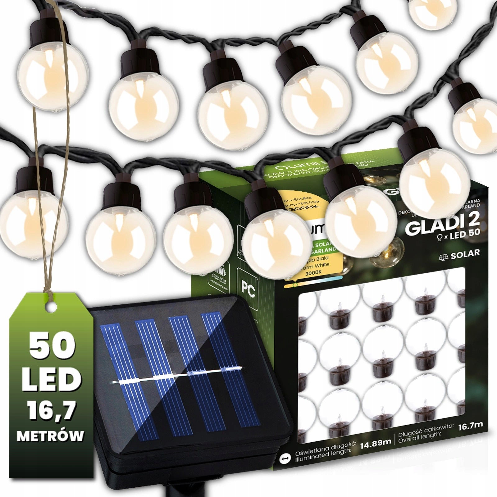 Solar Garden Garland 50x LED Decorative Balls 16,7m Warm 3000K