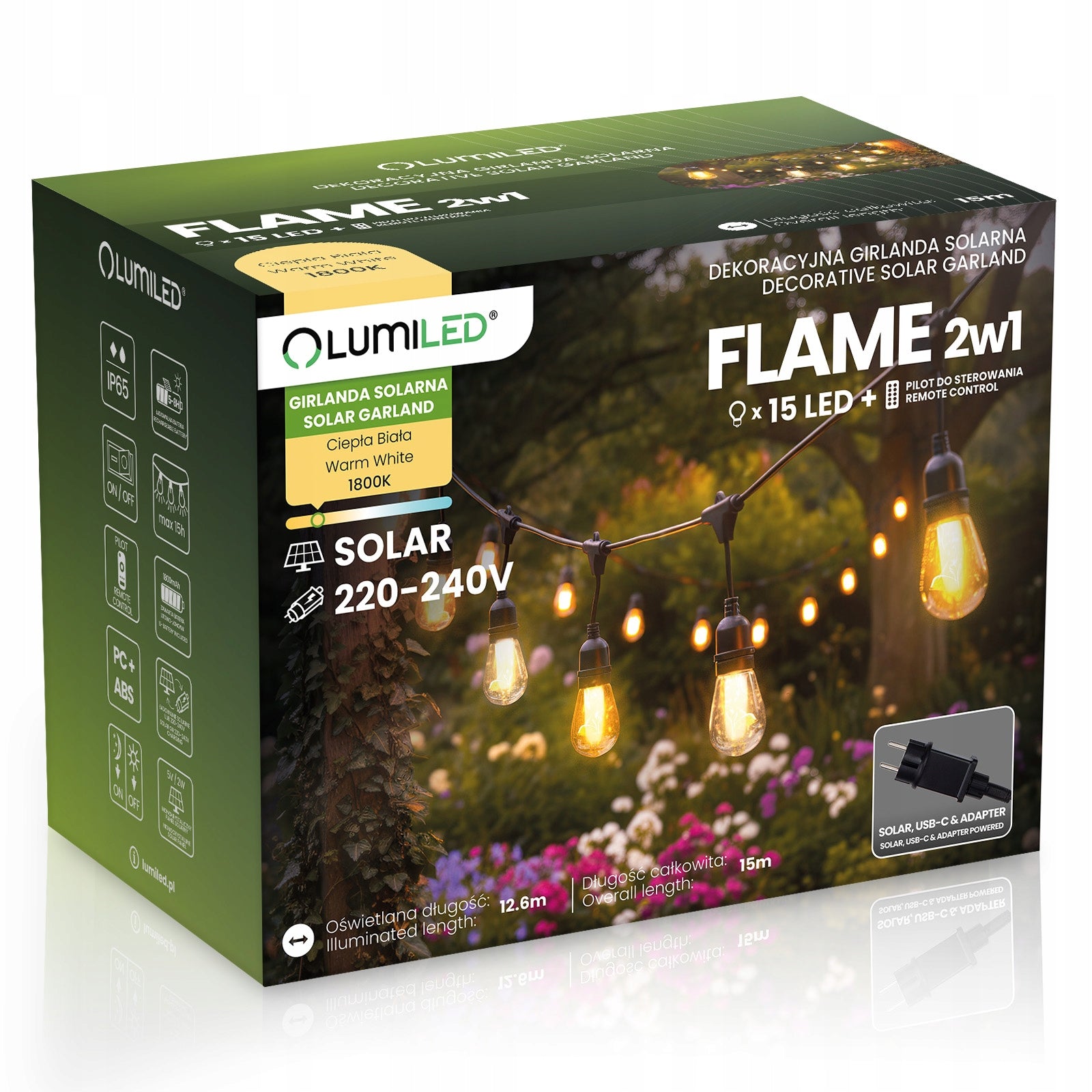 Solar Garden Garland Light 15 LED Flame Effect Fire Lights 15m Manufacturer code 5907 lampki solarne wbijane 230V pochodnia