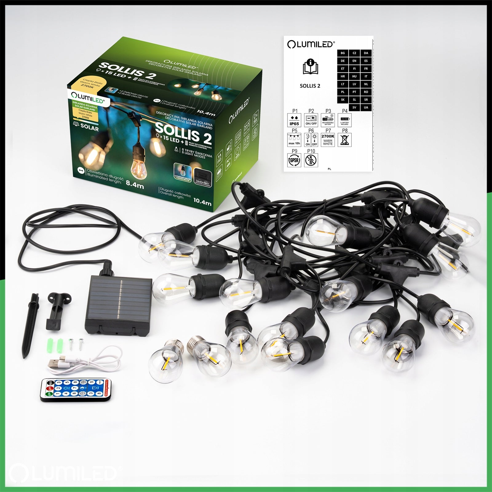 Solar Garden Garland Light 15 LED for Balcony Terrace 10m IP65 + PILOT Number of light points 11 - 20