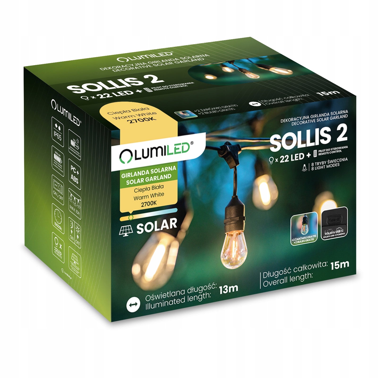 Solar Garden Garland Light 22 LED for Balcony Terrace 15m CHAIN PILOT Manufacturer code 606819 lampki solarne żarówki do altany taras