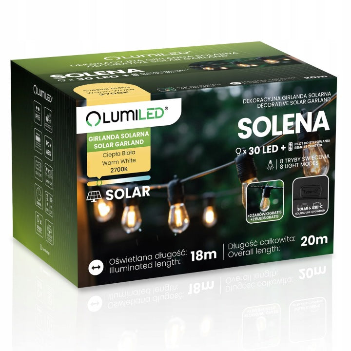 Solar Garden Garland Light 30x LED BULB Balcony Terrace 20m PILOT Number of light points 21 - 30