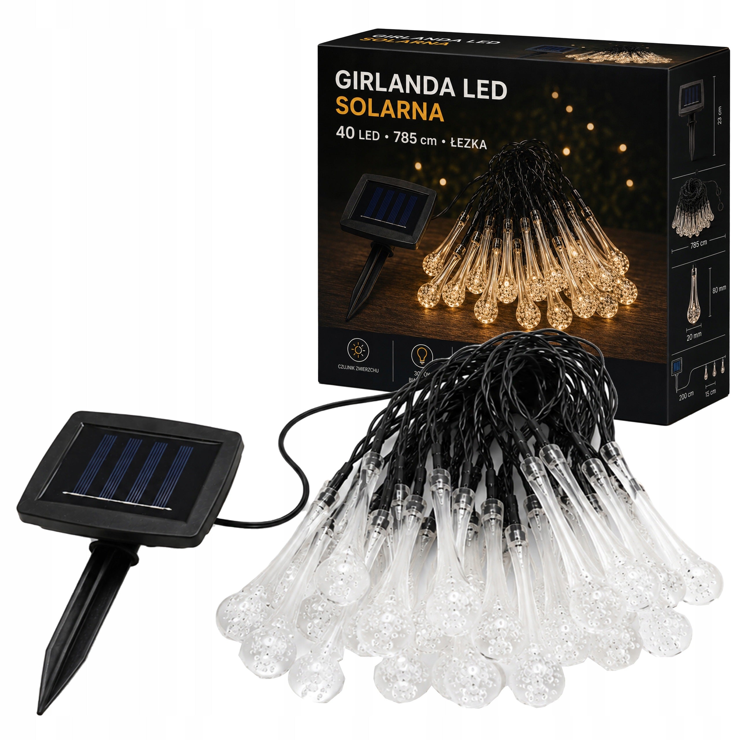 Solar Garden Garland Light 7,8M 40X LED Bulb Teardrop Wy2