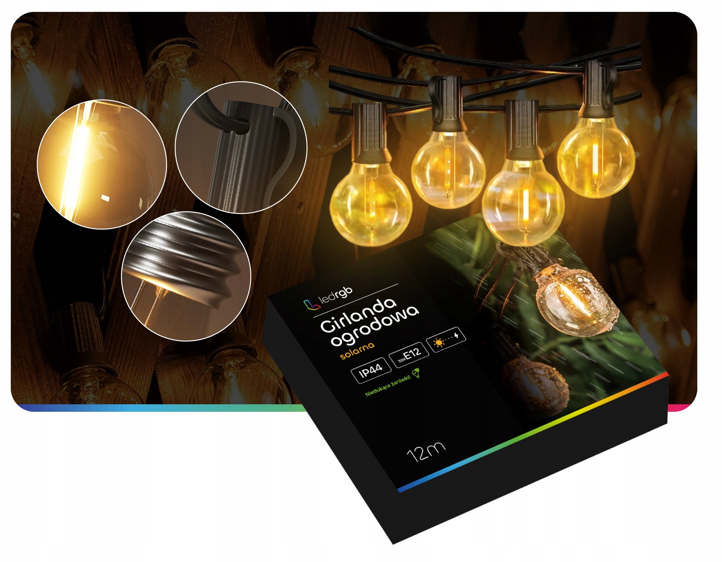 Solar Garden Light Garland 12m 30+1 LED Solar Light Bulbs Power supply mains solar