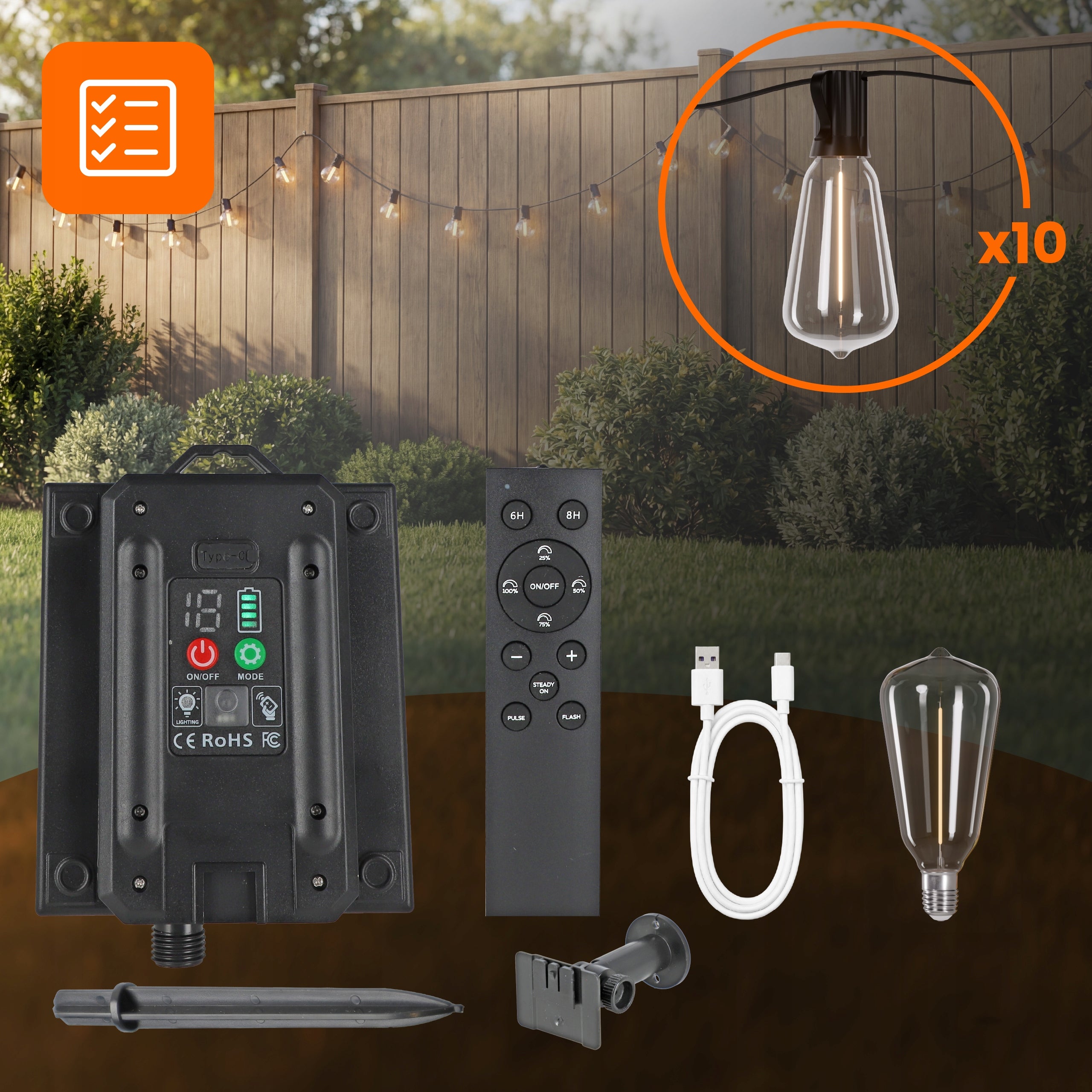 Solar Garland Garden LED Solar Lights 10m 10x Bulb E12 + Remote Control Number of light points up to 10