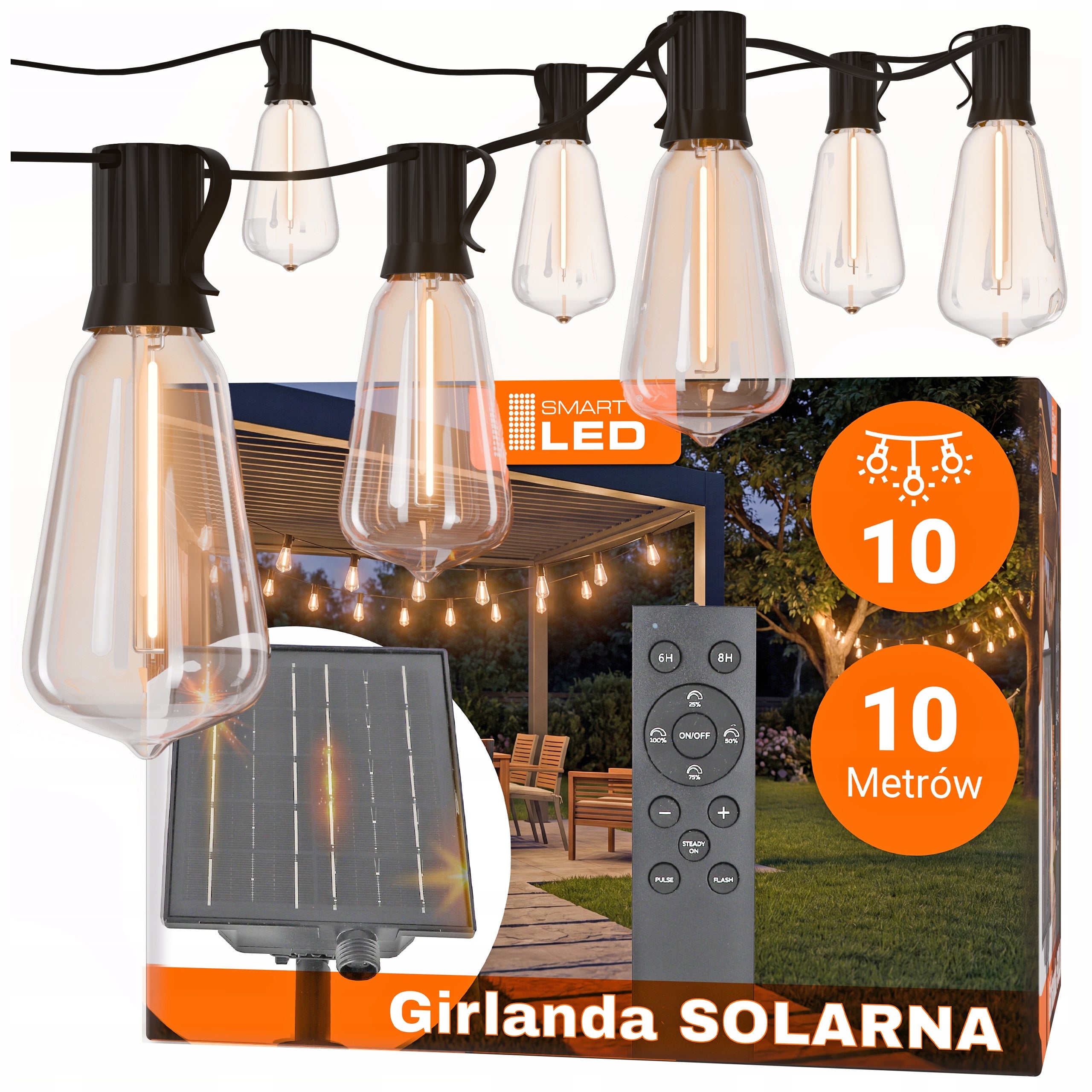 Solar Garland Garden LED Solar Lights 10m 10x Bulb E12 + Remote Control