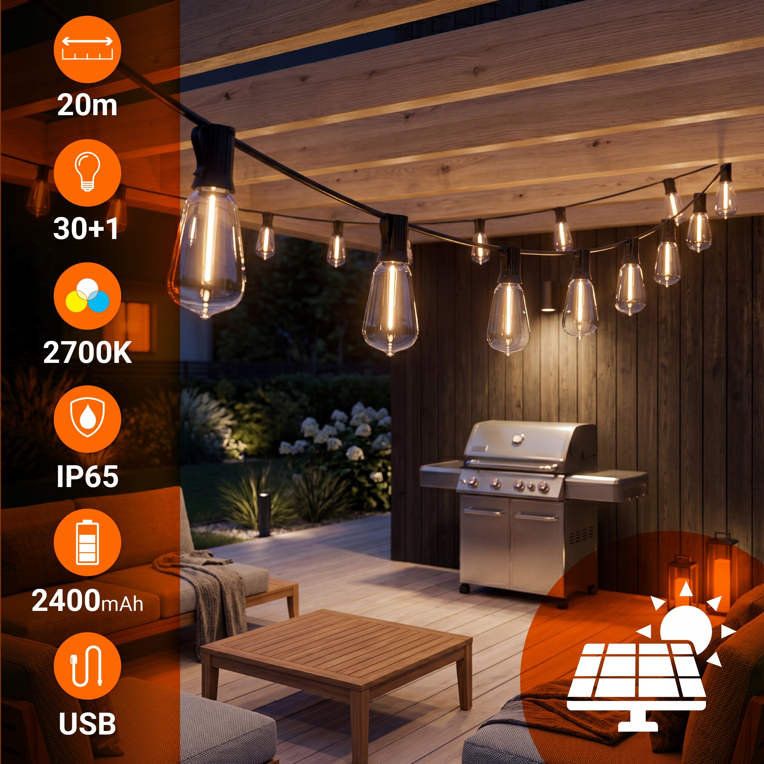 Solar Garland Garden LED Solar Lights 20m 30x Bulb E12 + Remote Control Packaging status original
