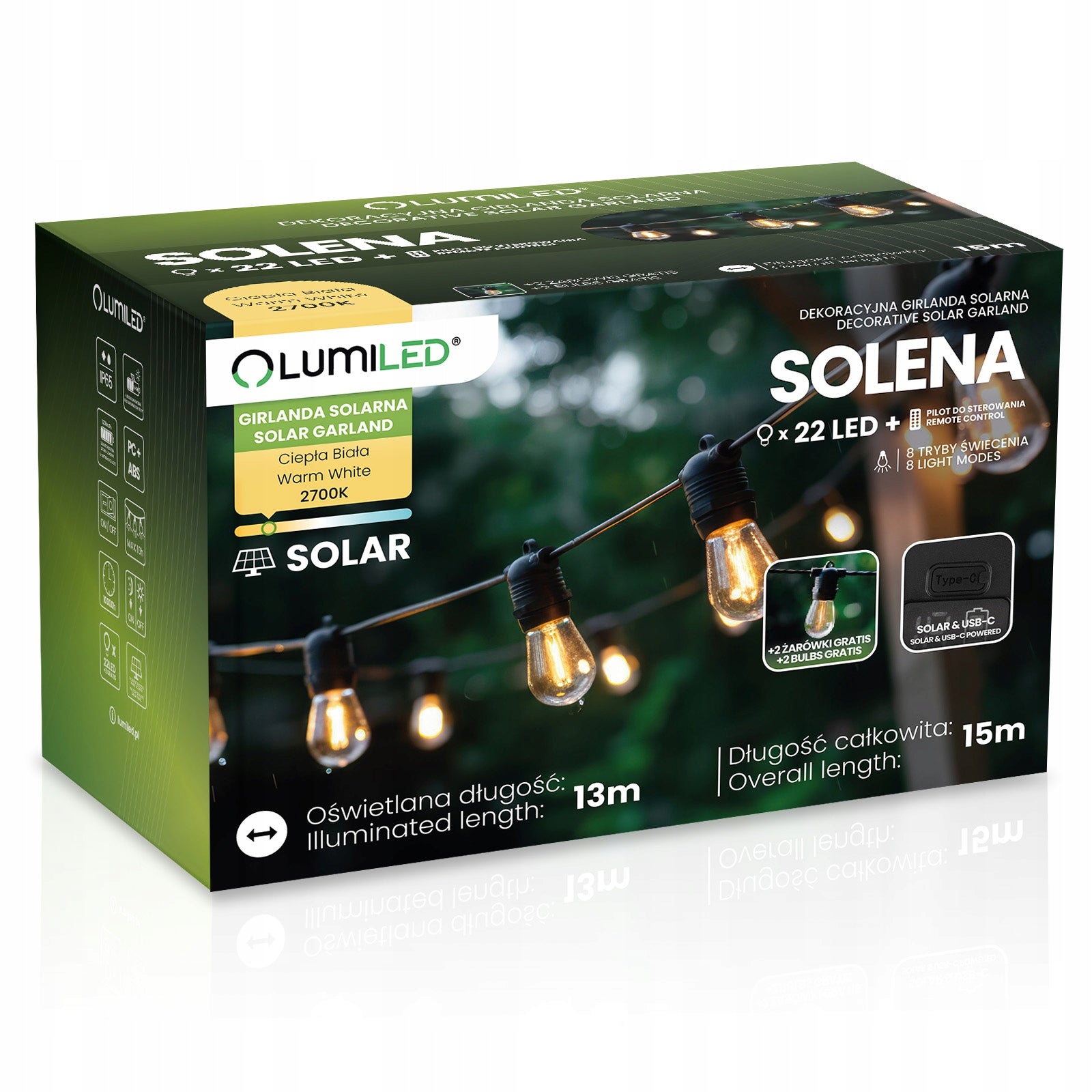 Solar Garland Garden Light 22 LED LIGHTS for Balcony Terrace 15m PILOT Manufacturer code 606840 lampki solarne żarówki do altany taras