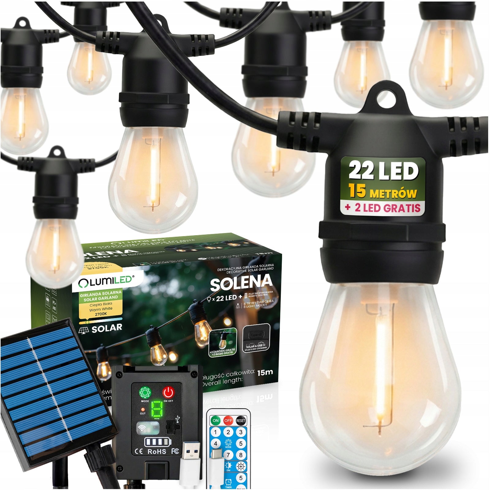 Solar Garland Garden Light 22 LED LIGHTS for Balcony Terrace 15m PILOT