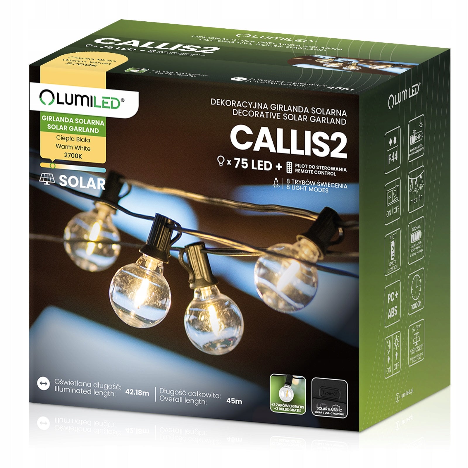 Solar Garland Garden Light 75 LED Balcony Lights Terrace 45M PILOT Brand Lumiled