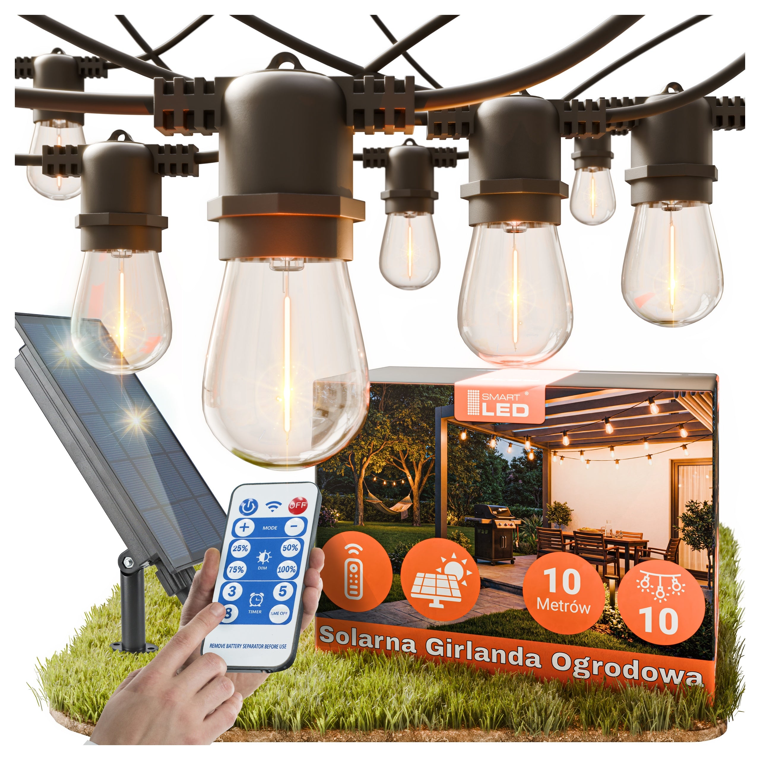 Solar Garland Garden Solar Lights 10m 10X LED Bulb E27 + Remote Control