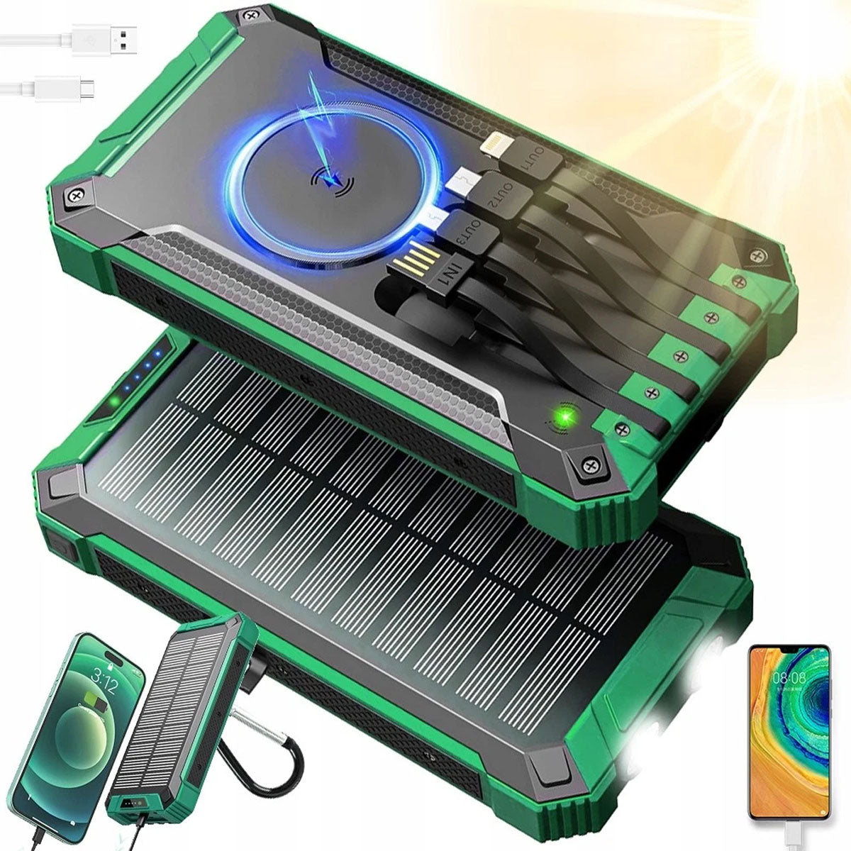 Solar Power Bank 30000mah in 6 Ports USB-C Lightning Induction Charging