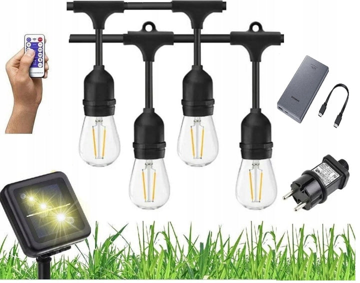 Solar garden light garland LED Edison (retro)+ mains charging