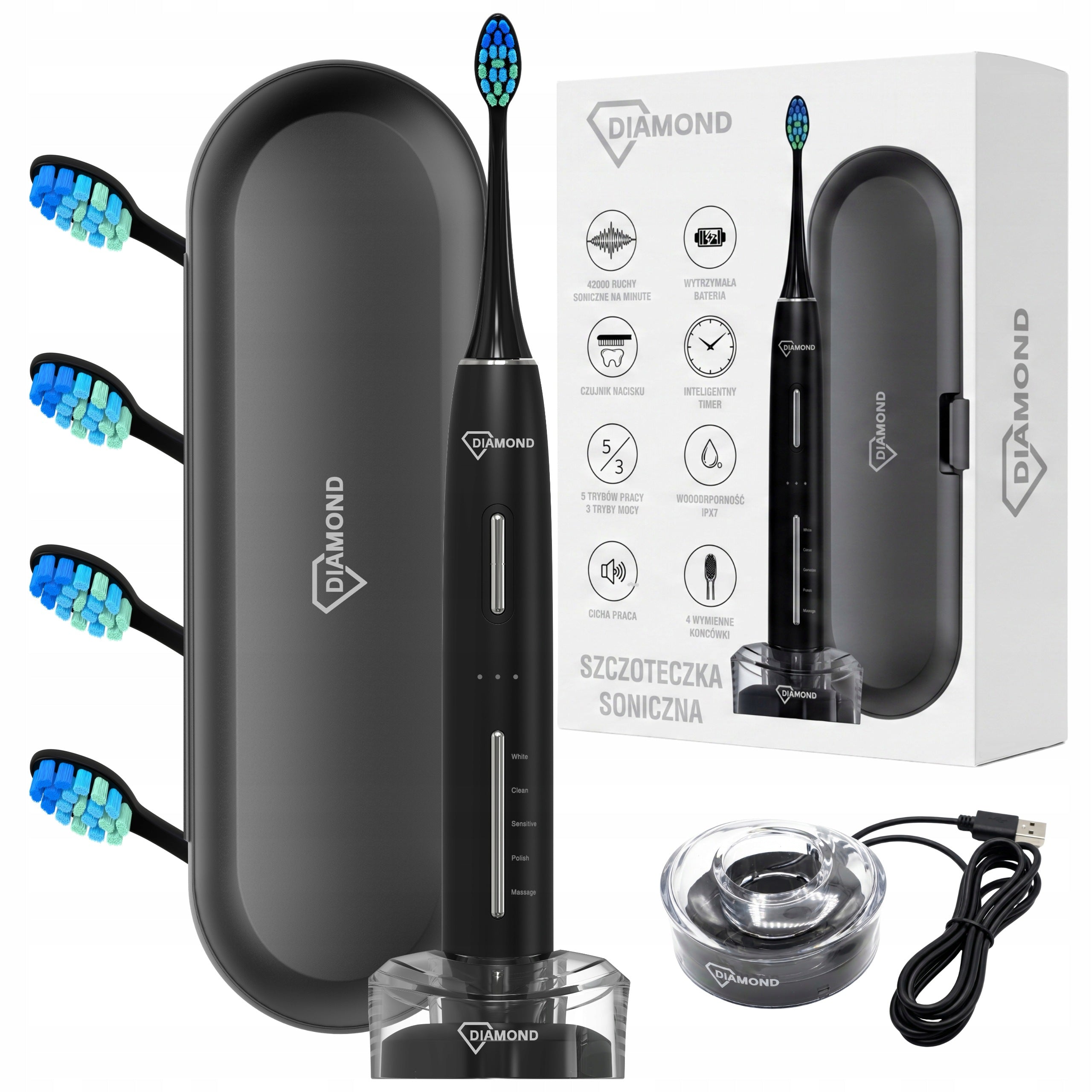 Sonic Electric Toothbrush + Case Set of 4 Tips INDUCTION