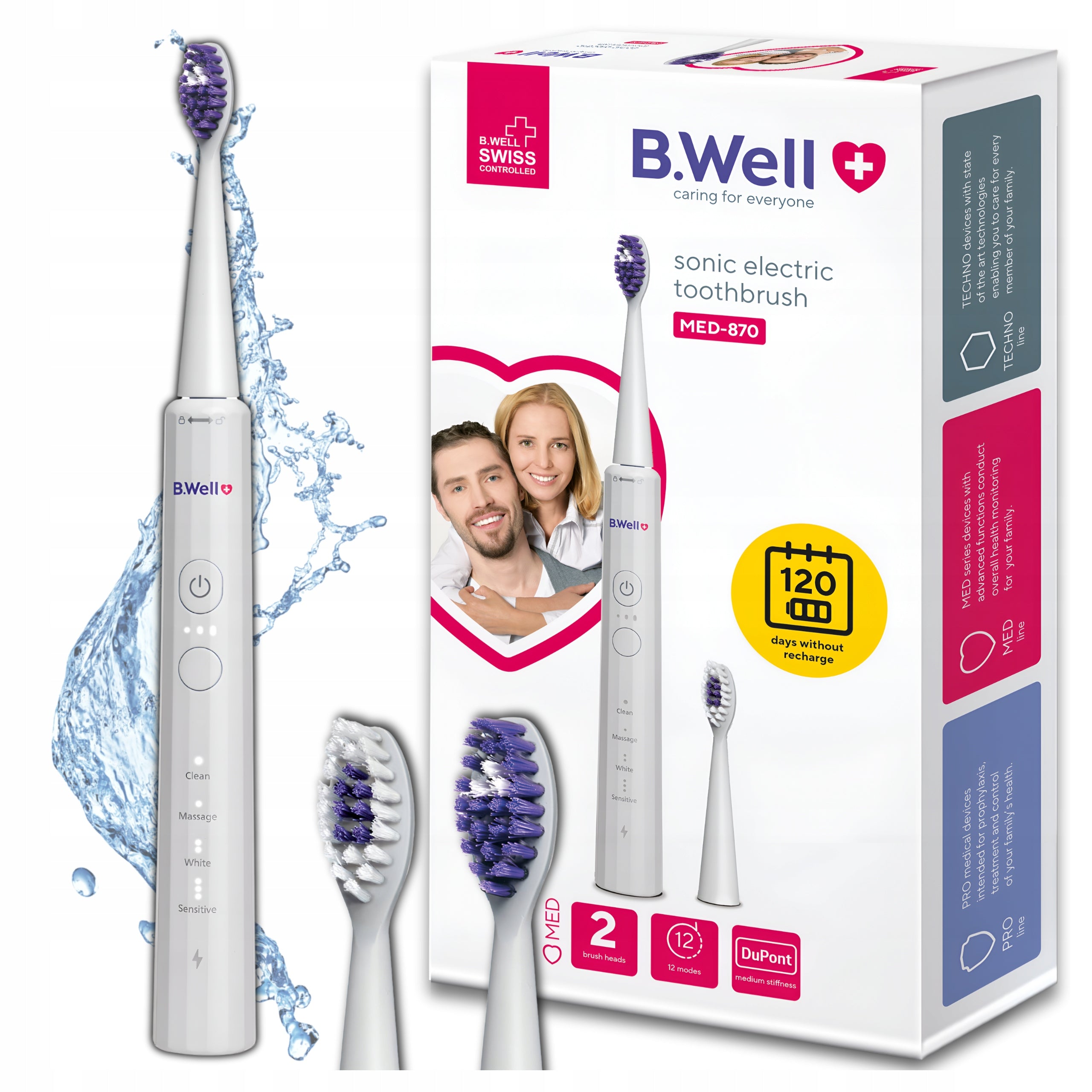 Sonic Toothbrush Electric 2x Tips Case B.Well White