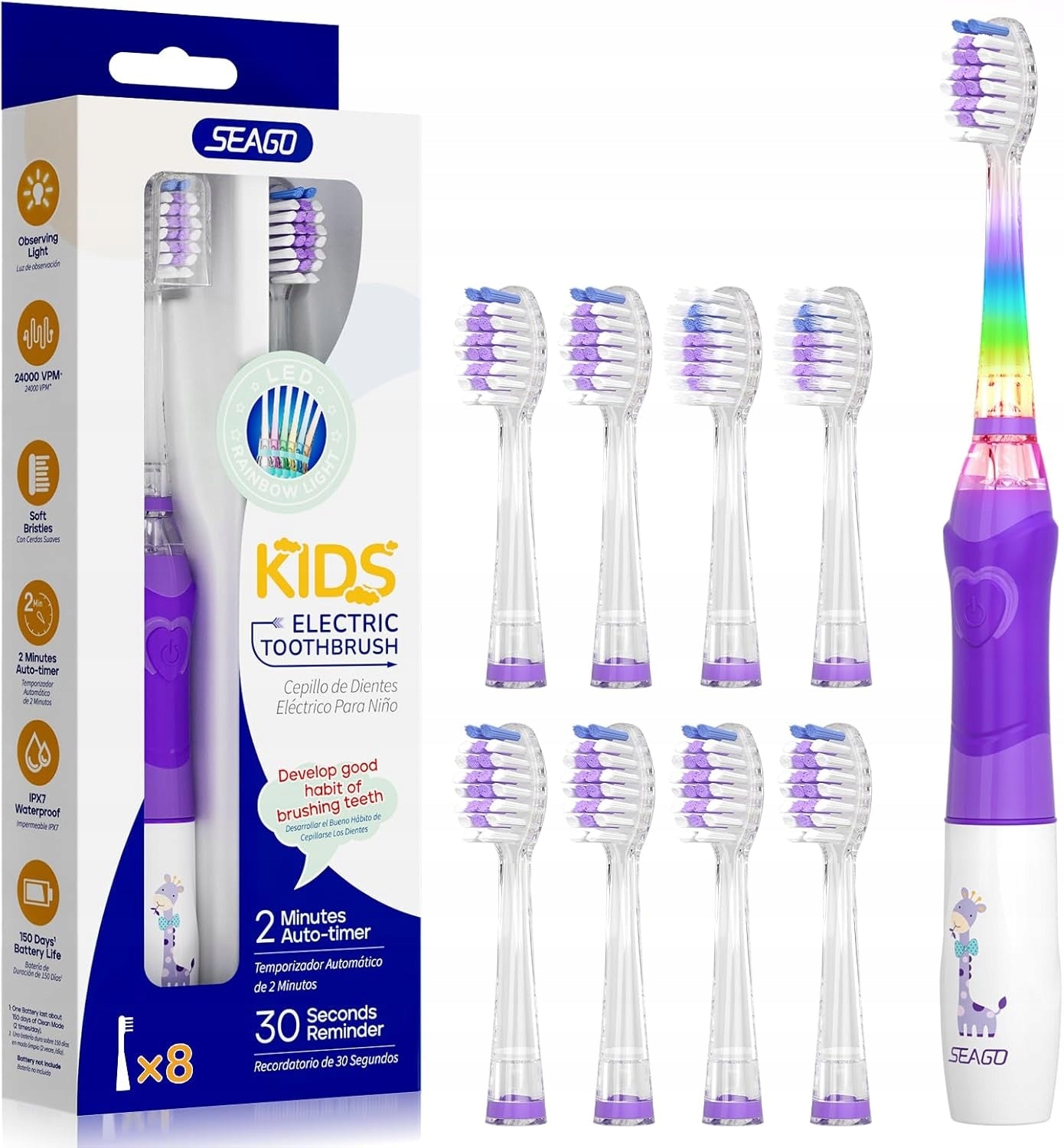 Sonic toothbrush for children with 8 tips!! - Purple SEAGO SG-977