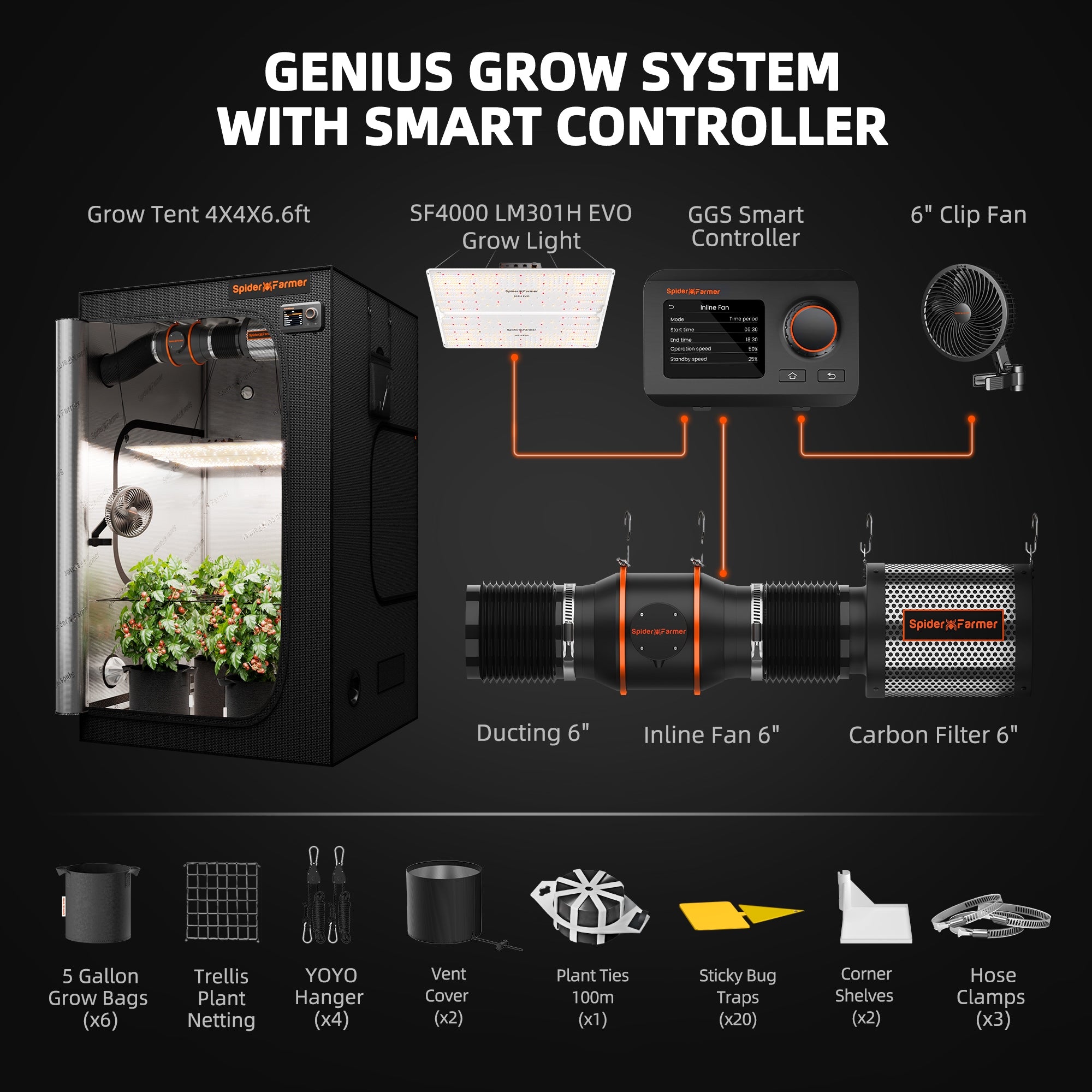 Spider Farmer 120x120x180cm Growbox Grow Kit|SF4000 LED|6” Clip on Fan|GGS Manufacturer code Spiderfarmer