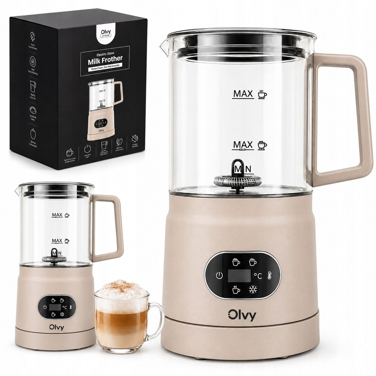 Spieniacz Do Mleka Elektryczny Olvy Beżowy 500W 160/400ml DS-M0205 4 Tryby