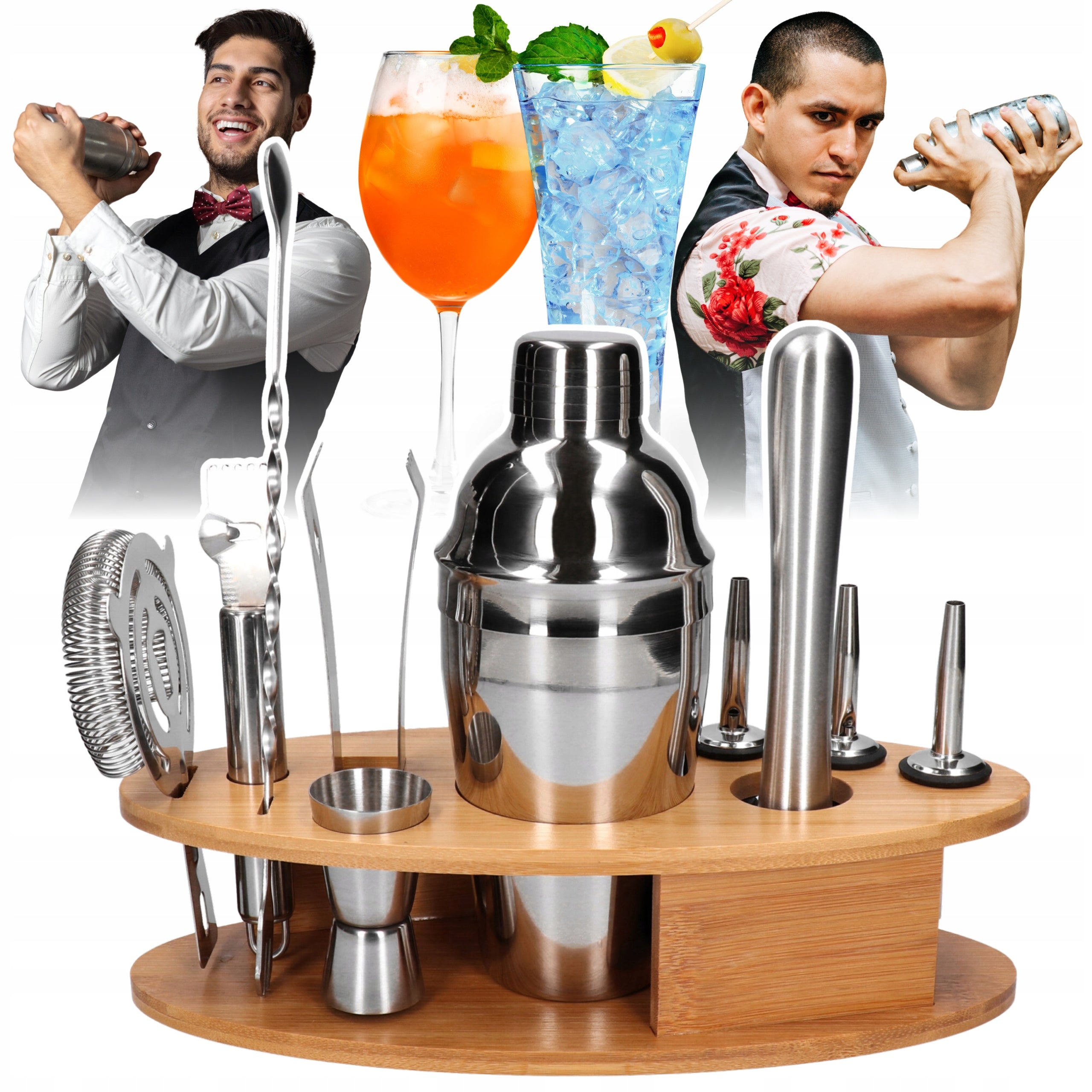 Stainless Steel Bartending Set 11 Elements with Oval Stand