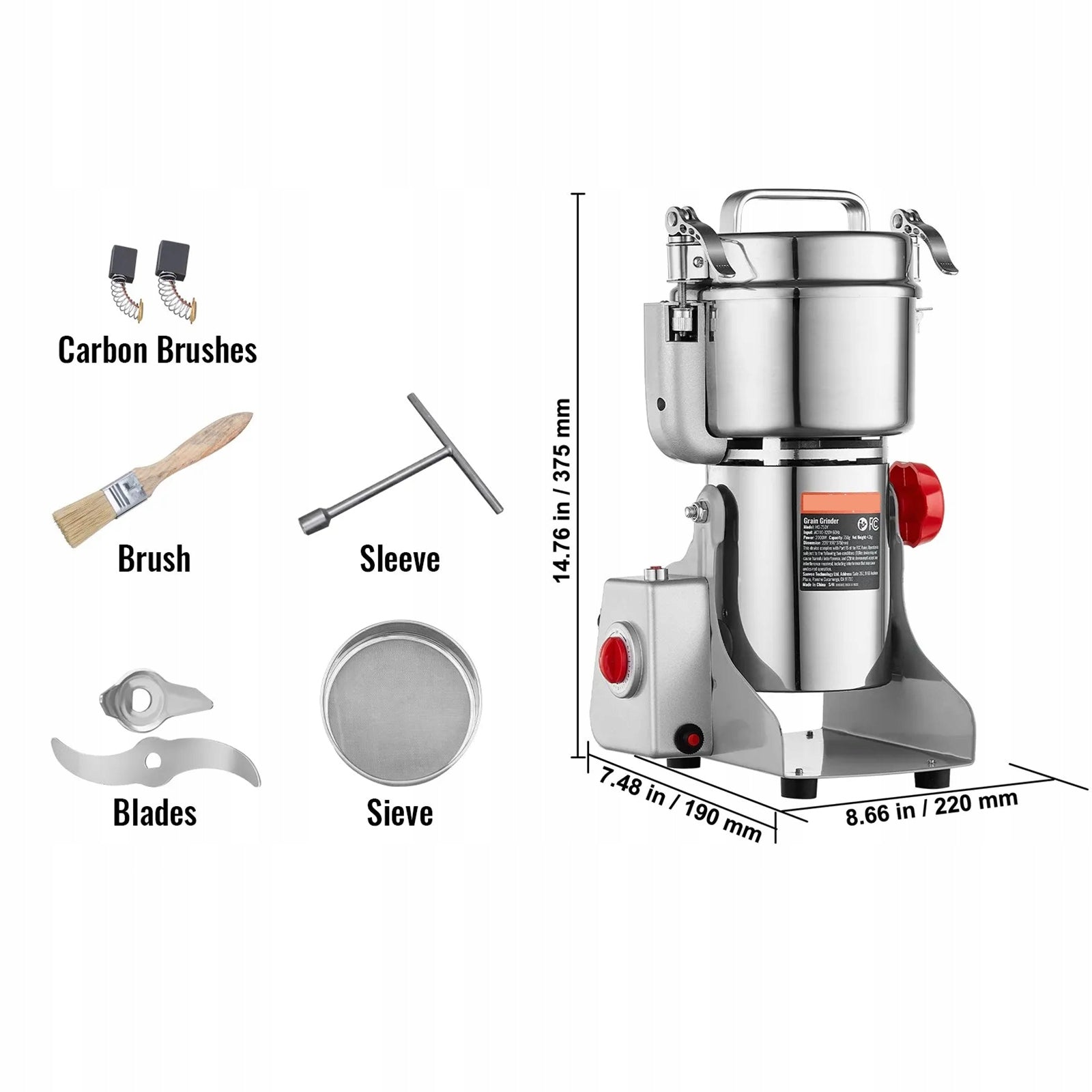 Stainless Steel Electric Grain Grinder 2000W 28000 RPM Manufacturer code DDDPSGWYMJ75