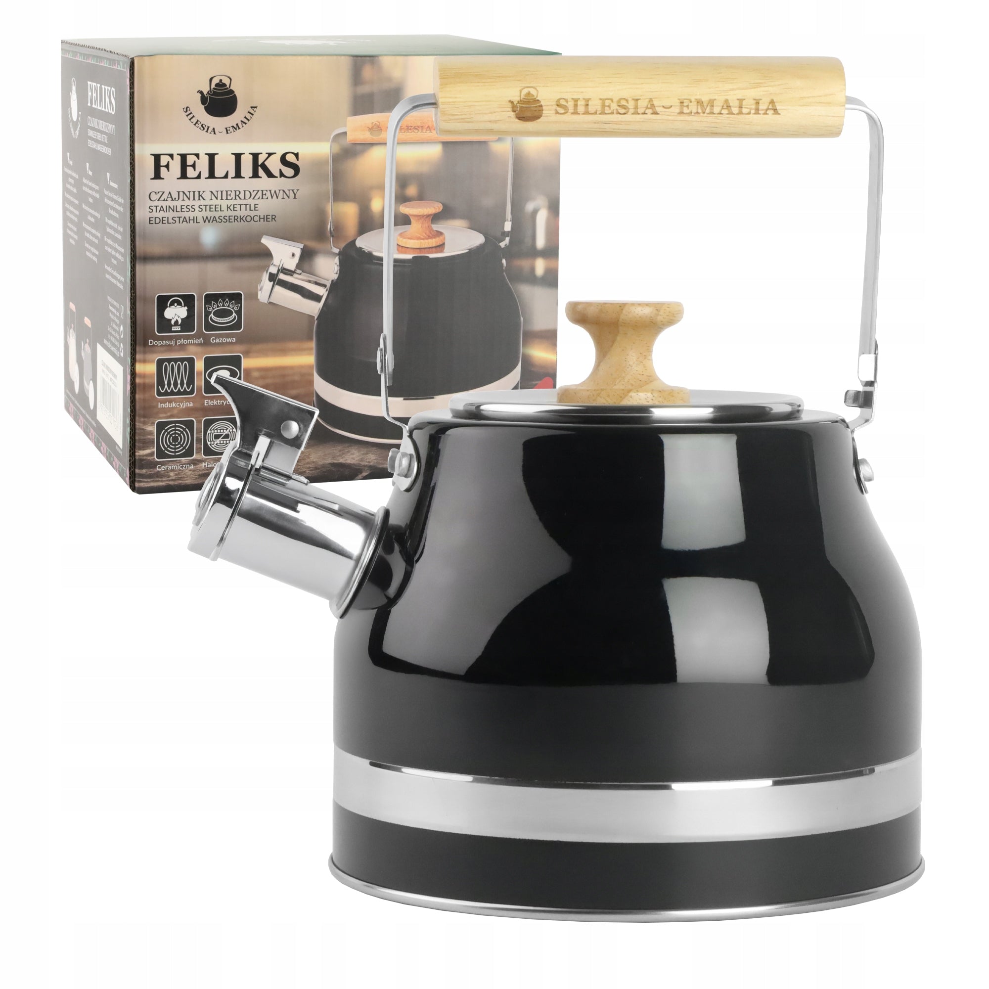 Stainless steel kettle FELIKS 2,3L black INDUCTION GAS WHISTLE